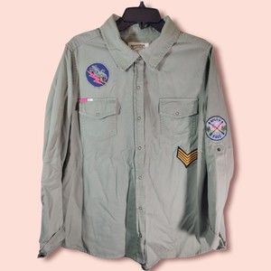 Arizona Jean Co XXL Army Green Patches Wild & Free Button Down  Cotton Top USED